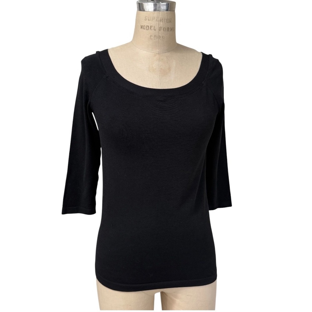 Wolford Top Size L Black Scoop Neck 3/4 Sleeve Ribbed Knit Cotton Blend Slim Fit